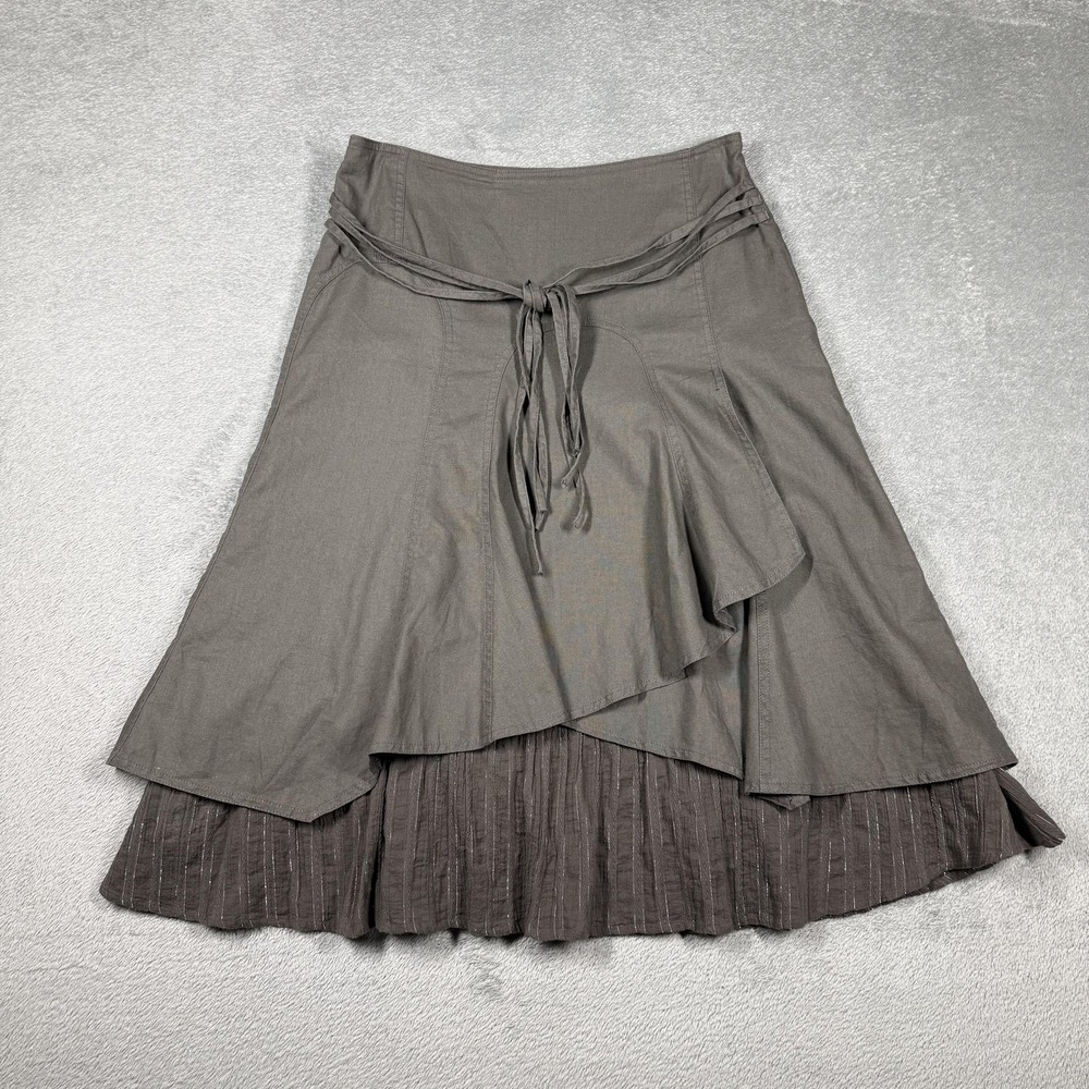 PROMOD Skirt Linen Womens 8 Gray Flare Layered Pleated Cotton Lined Tie France